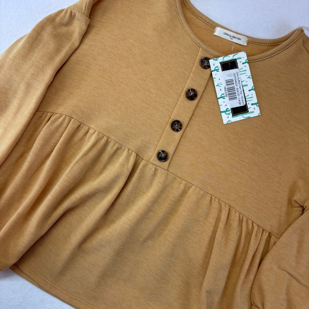 12PM by Mon Ami Girls Ruffled Hem Top Mustard Long Sleeve‎ Large 8 New
